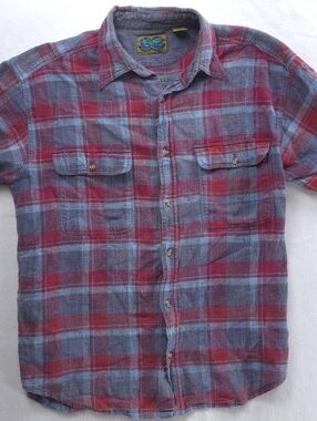 Vintage Planet Earth Plaid Flannel Shirt Mens Medium Red Blue Grunge 90s